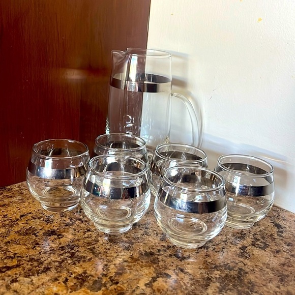 Vintage Other - Vintage Silver Rim Glass Pitcher and Tumblers Set
